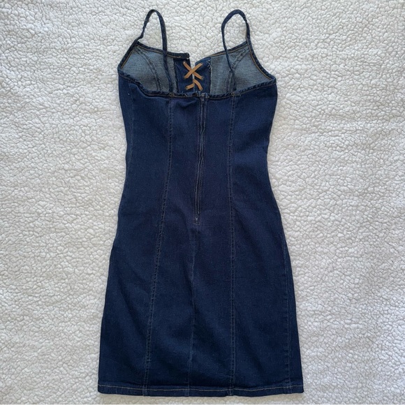 Helium Y2K vintage lace-up stretchy dark denim jean short mini dress front slit - Picture 4 of 11
